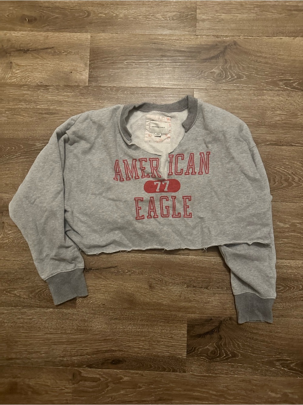 American Eagle Outfitters Gray Cropped Crewneck Sweatshirt with Red Logo